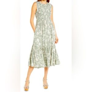 Treasure & Bond Smocked Sleeveless Midi Dress Green Seagress Vintage Sz L NWOT